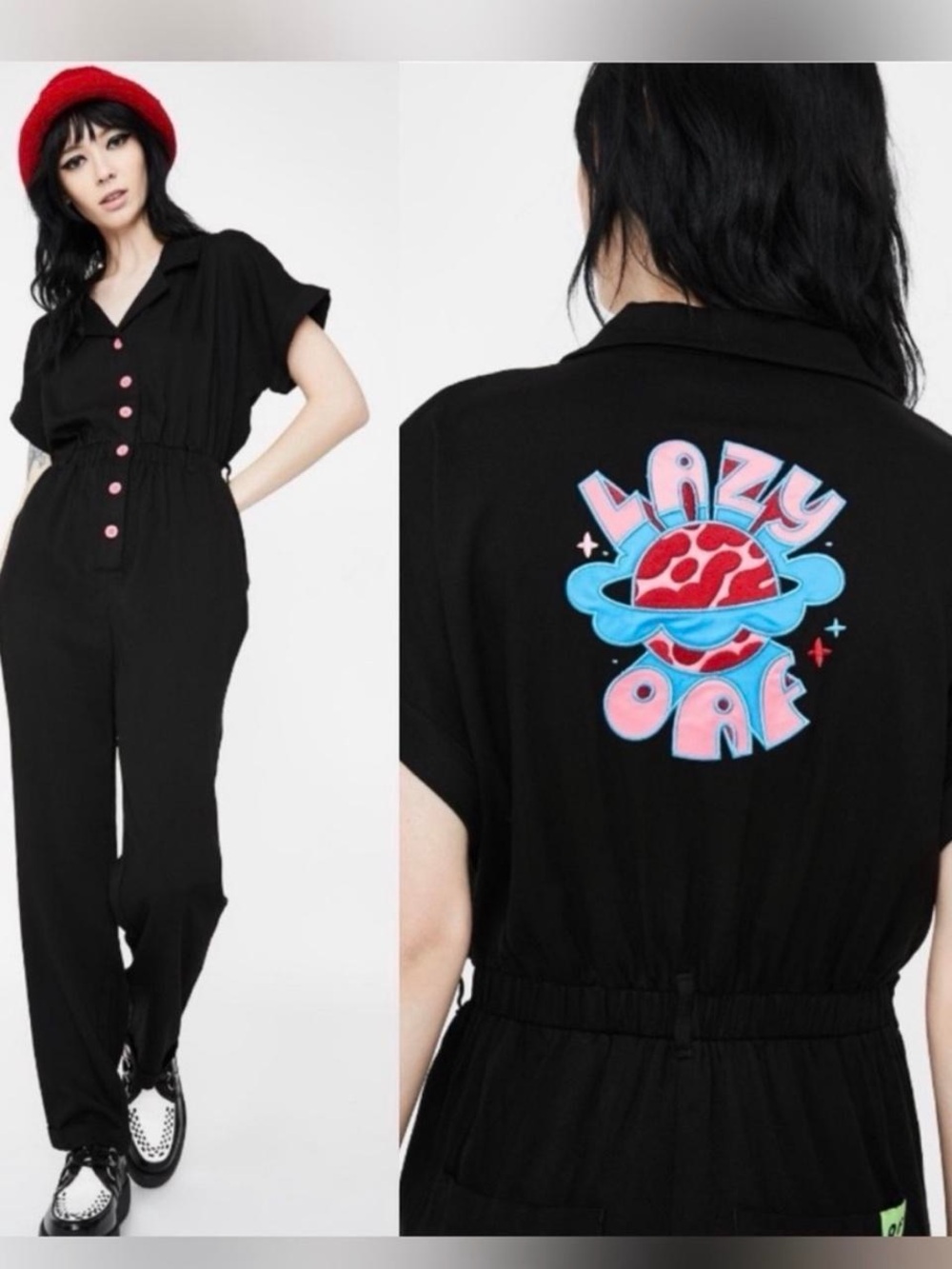 Lazy Oaf Black Jumpsuit with Pink Buttons and Blue-Pink Back Saturn space